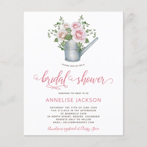 Rustic BUDGET pink floral bridal shower invitation