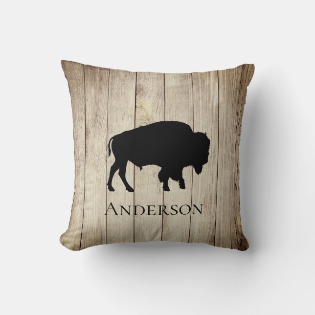 Rustic Buffalo Bison On Wood  Throw Pillow (Front)