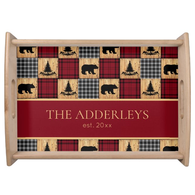Rustic Buffalo Check Bears Family Name Established Serving Tray (Front)