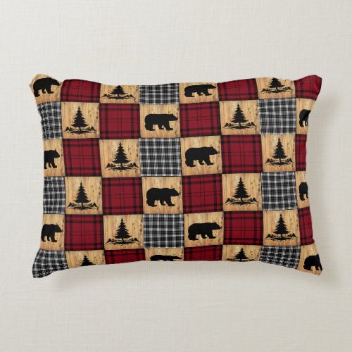 Rustic Buffalo Check Bears Trees Wood Red Black Accent Pillow