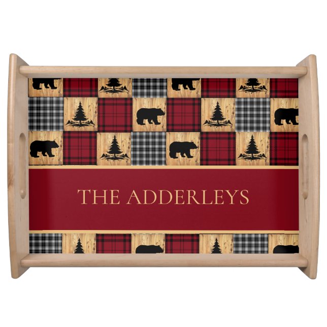 Rustic Buffalo Check Bears Trees Wood Red Black Serving Tray (Front)