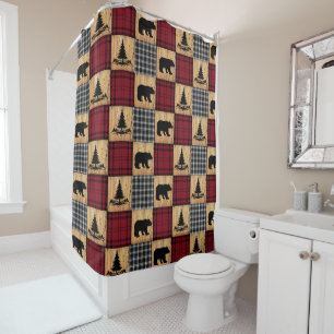 Rustic Buffalo Check Bears Trees Wood Red Black Shower Curtain