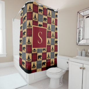 Rustic Buffalo Check Bears Trees Wood Red Black Shower Curtain
