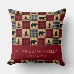Rustic Buffalo Check Bears Wedding Anniversary Throw Pillow