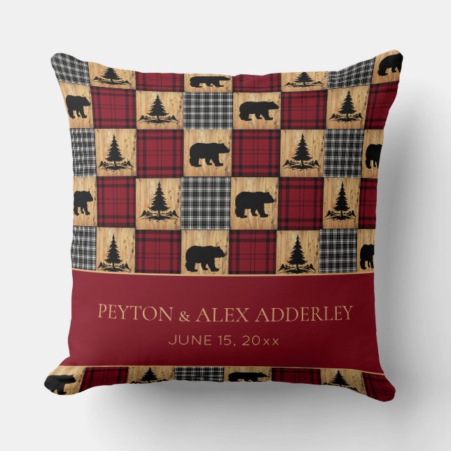 Rustic Buffalo Check Bears Wedding Anniversary Throw Pillow (Front)