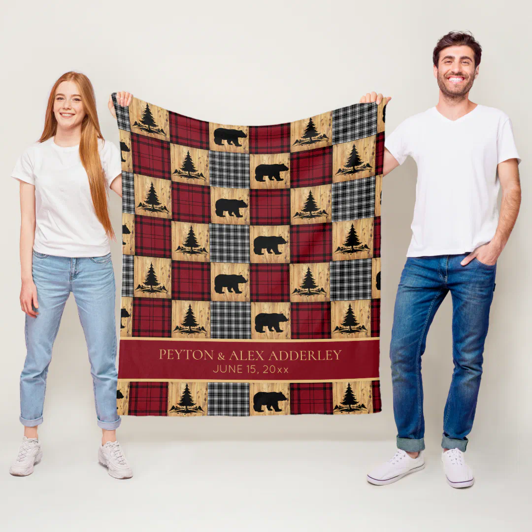 Rustic Buffalo Check Bears Wood Red Black Wedding Fleece Blanket