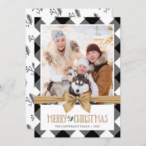 Rustic Buffalo Check Brown Kraft Bow Holiday Card