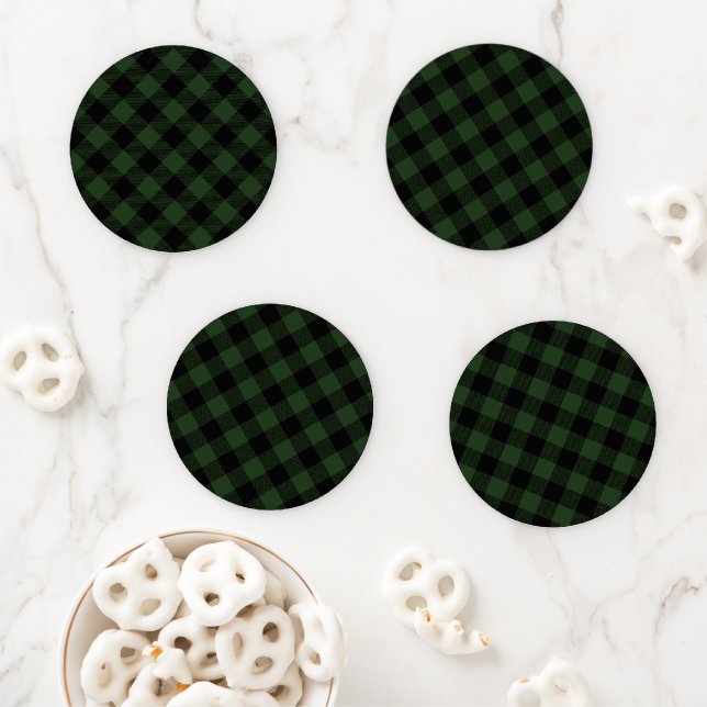 Rustic Buffalo Check Celtic Green Black Coaster Set (In Situ)