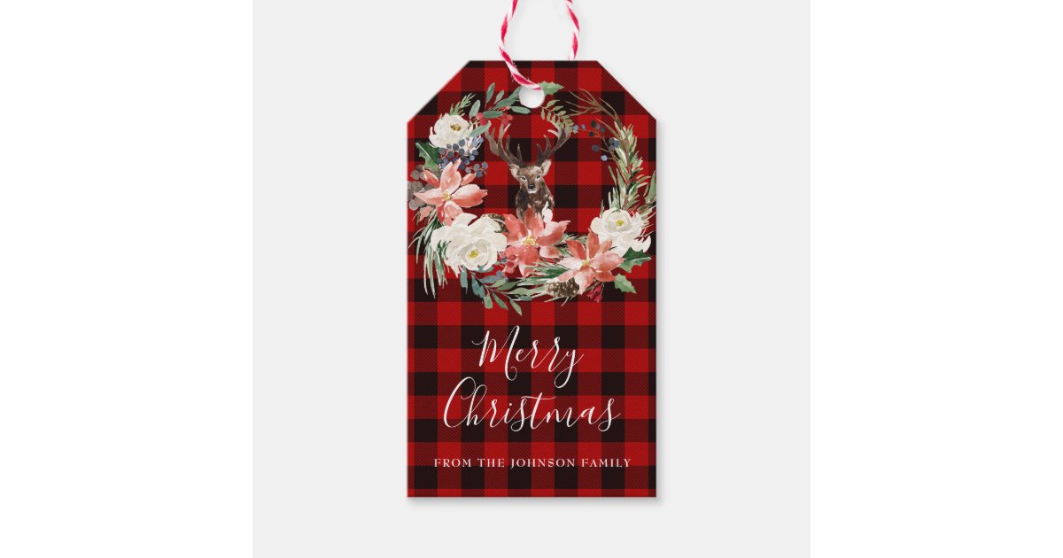Rustic Buffalo Check Christmas Deer Gift Tags 2 | Zazzle