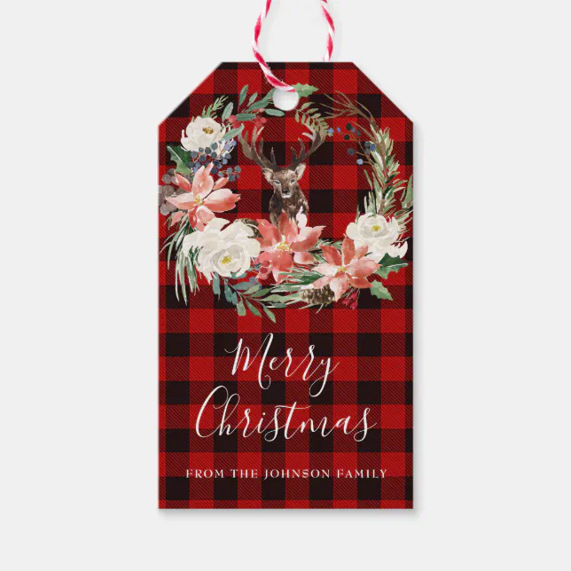 Rustic Buffalo Check Christmas Deer Gift Tags 2 | Zazzle