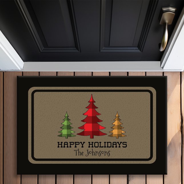 Rustic Buffalo Check Christmas Trees Customizable Doormat (Creator Uploaded)