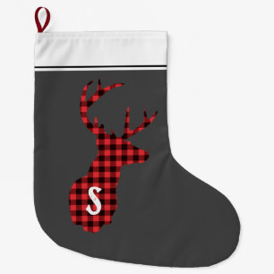 Rustic Buffalo Check Deer Red Black Monogram Large Christmas Stocking