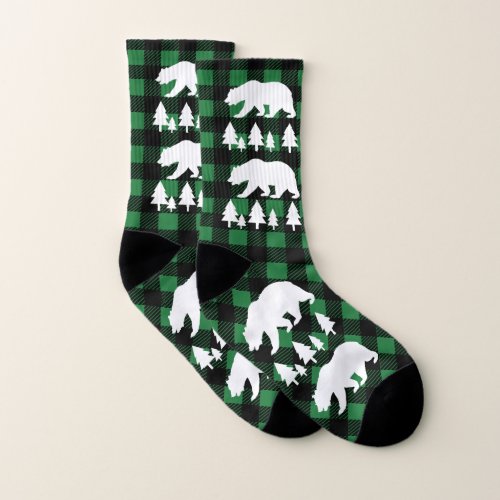 Rustic Buffalo Check Plaid Bears  Trees Socks