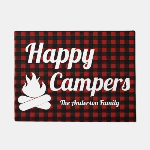 Rustic Buffalo Check Plaid Campfire Happy Campers Doormat