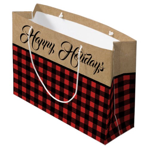 Rustic  Buffalo Check Plaid  Faux Kraft Christmas Large Gift Bag