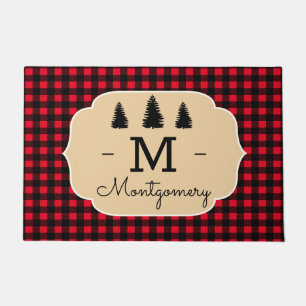 Rustic Buffalo Check Plaid & Forest Trees Doormat