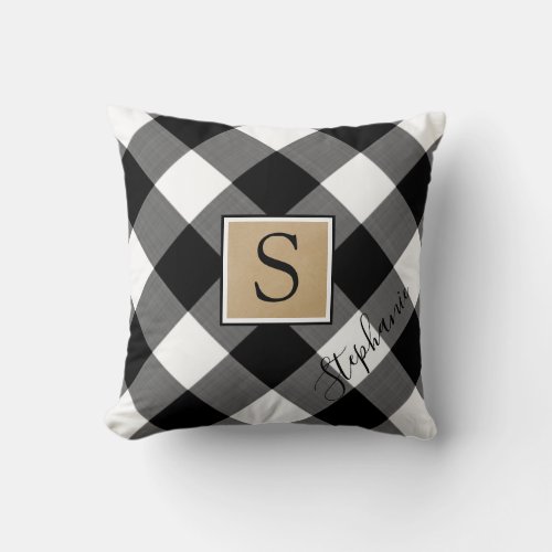 Rustic Buffalo Check Plaid Monogram Script Name Throw Pillow