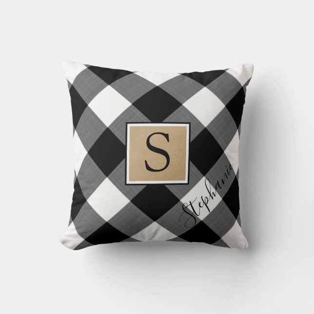 Rustic Buffalo Check Plaid Monogram Script Name Throw Pillow (Front)