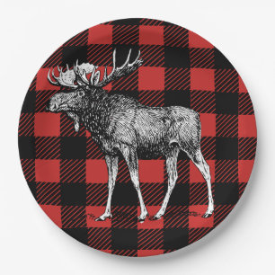 Rustic Buffalo Check Plaid & Moose Paper Plates
