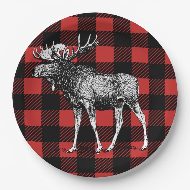 Rustic Buffalo Check Plaid & Moose Paper Plates (Front)
