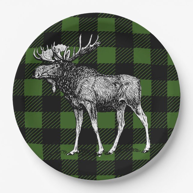Rustic Buffalo Check Plaid & Moose Paper Plates (Front)