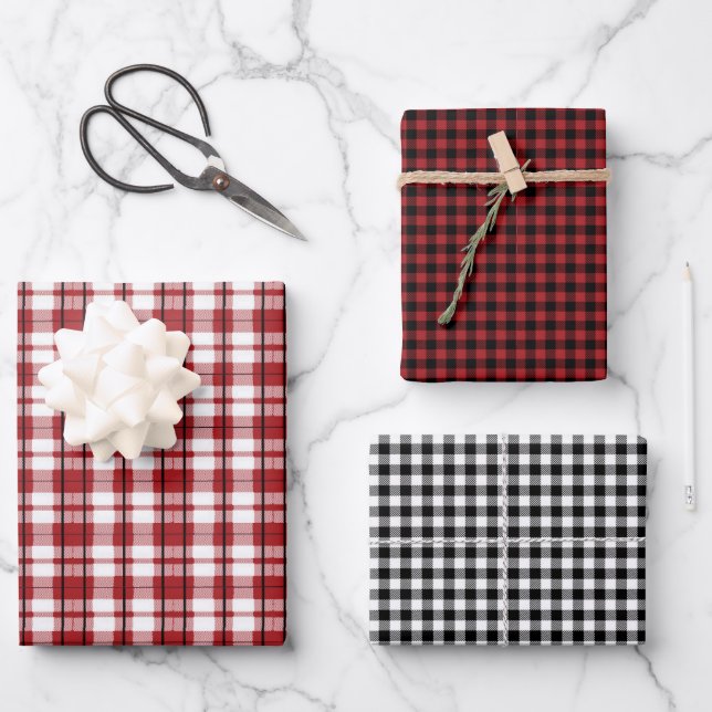Rustic Buffalo Check Plaid Red Black White Wrapping Paper Sheets (Front)