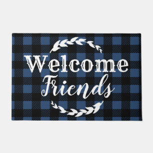 Rustic Buffalo Check Plaid Welcome Friends Blue Doormat