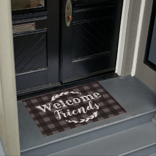 Rustic Buffalo Check Plaid Welcome Friends Gray Doormat