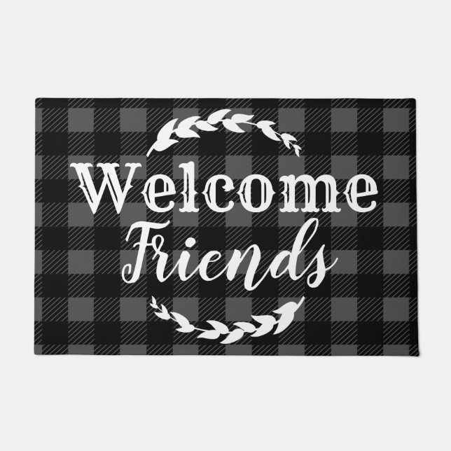 Rustic Buffalo Check Plaid Welcome Friends Gray Doormat (Front)