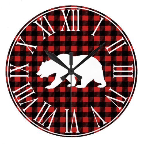 Rustic Buffalo Check Plaid &amp; White Bear Silhouette Large Clock