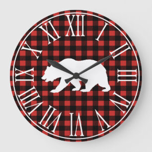 Rustic Buffalo Check Plaid & White Bear Silhouette Large Clock
