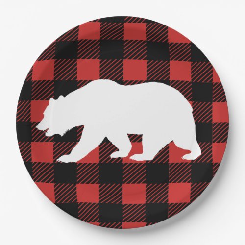 Rustic Buffalo Check Plaid  White Bear Silhouette Paper Plates