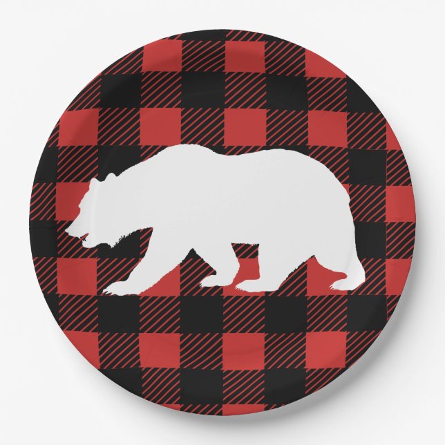 Rustic Buffalo Check Plaid & White Bear Silhouette Paper Plates (Front)