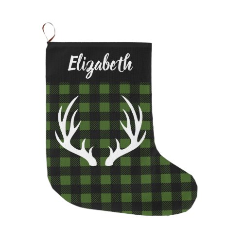 Rustic Buffalo Check Plaid  White Deer Antlers Large Christmas Stocking