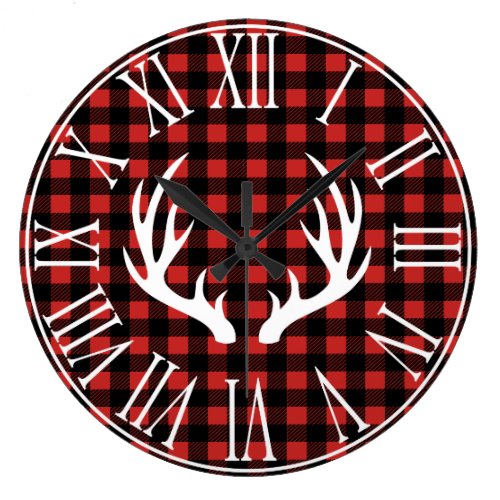 Rustic Buffalo Check Plaid & White Deer Antlers Large Clock