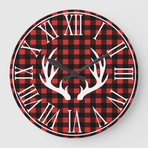 Rustic Buffalo Check Plaid  White Deer Antlers Large Clock