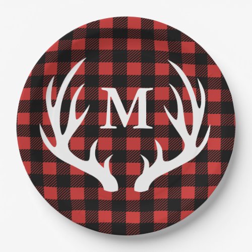 Rustic Buffalo Check Plaid  White Deer Antlers Paper Plates