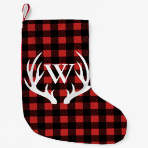 Rustic Buffalo Check Plaid & White Deer Antlers Small Christmas Stocking