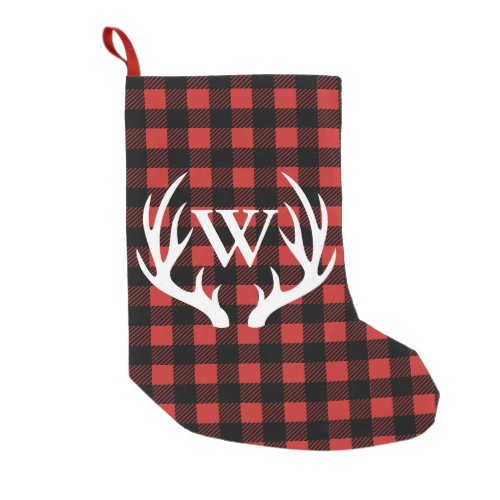 Rustic Buffalo Check Plaid  White Deer Antlers Small Christmas Stocking