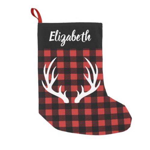 Rustic Buffalo Check Plaid  White Deer Antlers Small Christmas Stocking