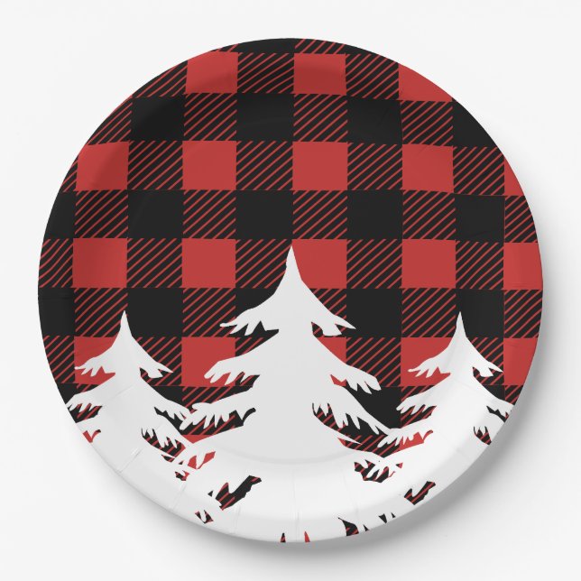 Rustic Buffalo Check Plaid & White Forest Trees Paper Plates (Front)