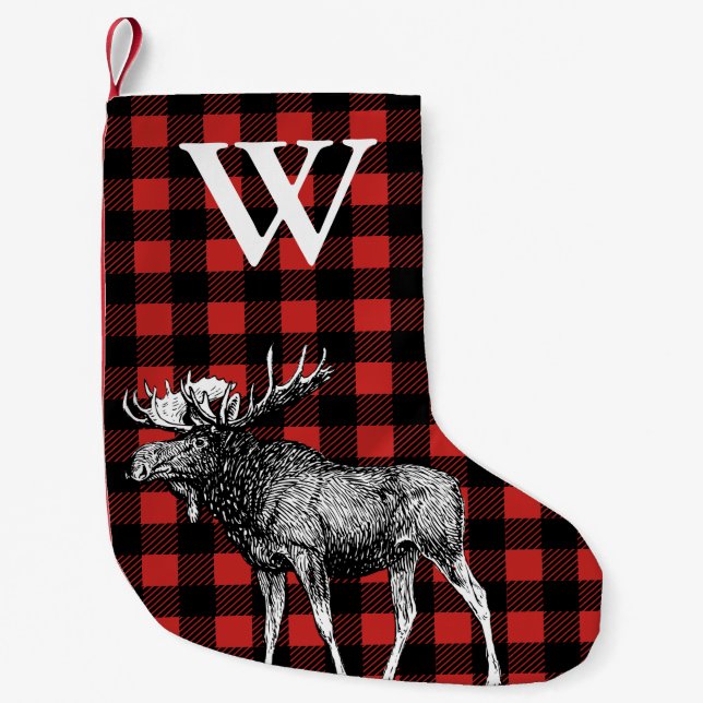 Rustic Buffalo Check Plaid & White Moose Small Christmas Stocking (Front)