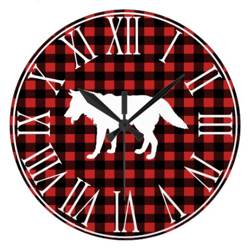 Rustic Buffalo Check Plaid &amp; White Wolf Silhouette Large Clock