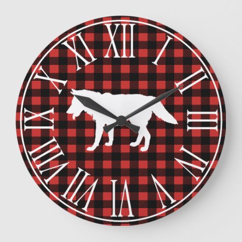 Rustic Buffalo Check Plaid  White Wolf Silhouette Large Clock