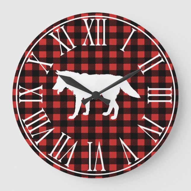 Rustic Buffalo Check Plaid & White Wolf Silhouette Large Clock (Front)