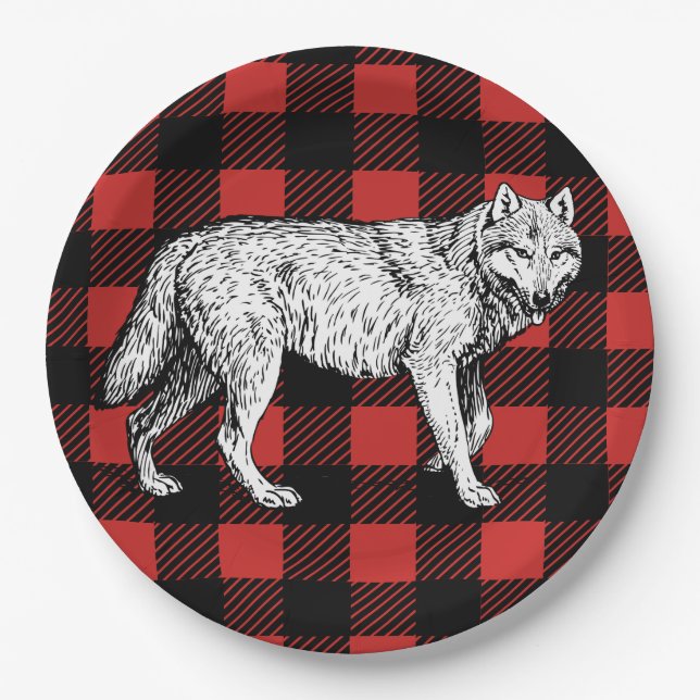 Rustic Buffalo Check Plaid & Wolf Paper Plates (Front)