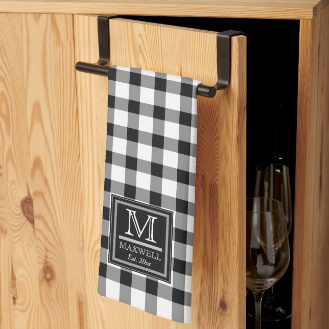 Rustic Buffalo Checks | Plaid Monogram Name Year K Kitchen Towel (Thirds Fold)
