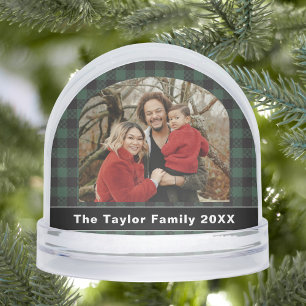 Rustic Buffalo Green and Black Plaid Family Photo Snow Globe