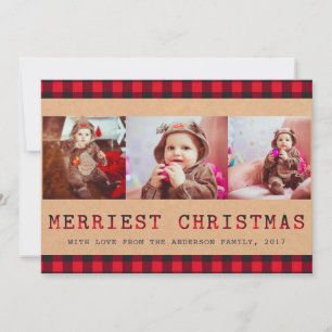 Rustic Buffalo Plaid 3 Photo Christmas Greeting Holiday Card