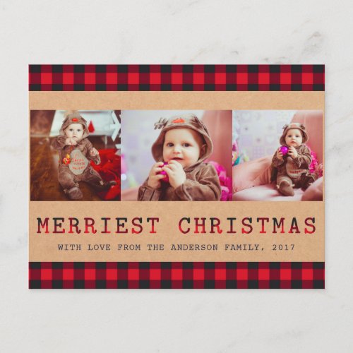 Rustic Buffalo Plaid  3 Photo Christmas Greeting Holiday Postcard